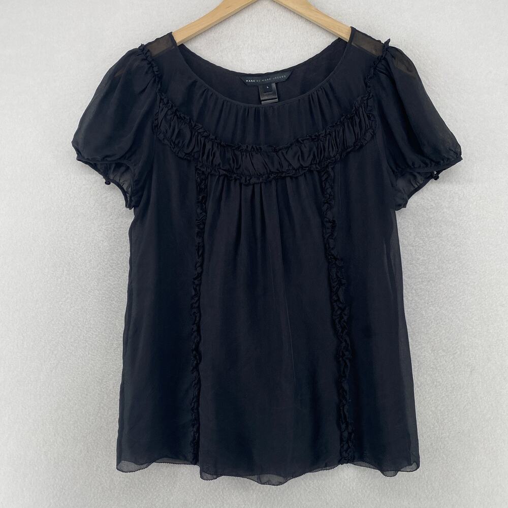 MARC BY MARC JACOBS Top L Silk Chiffon Ruffle Blouse Yoke Short Sleeve Black